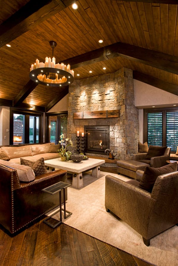 living cabin rooms rustic cozy fireplace modern decor log interior feel country warm wood chandelier ceilings barn furniture window table