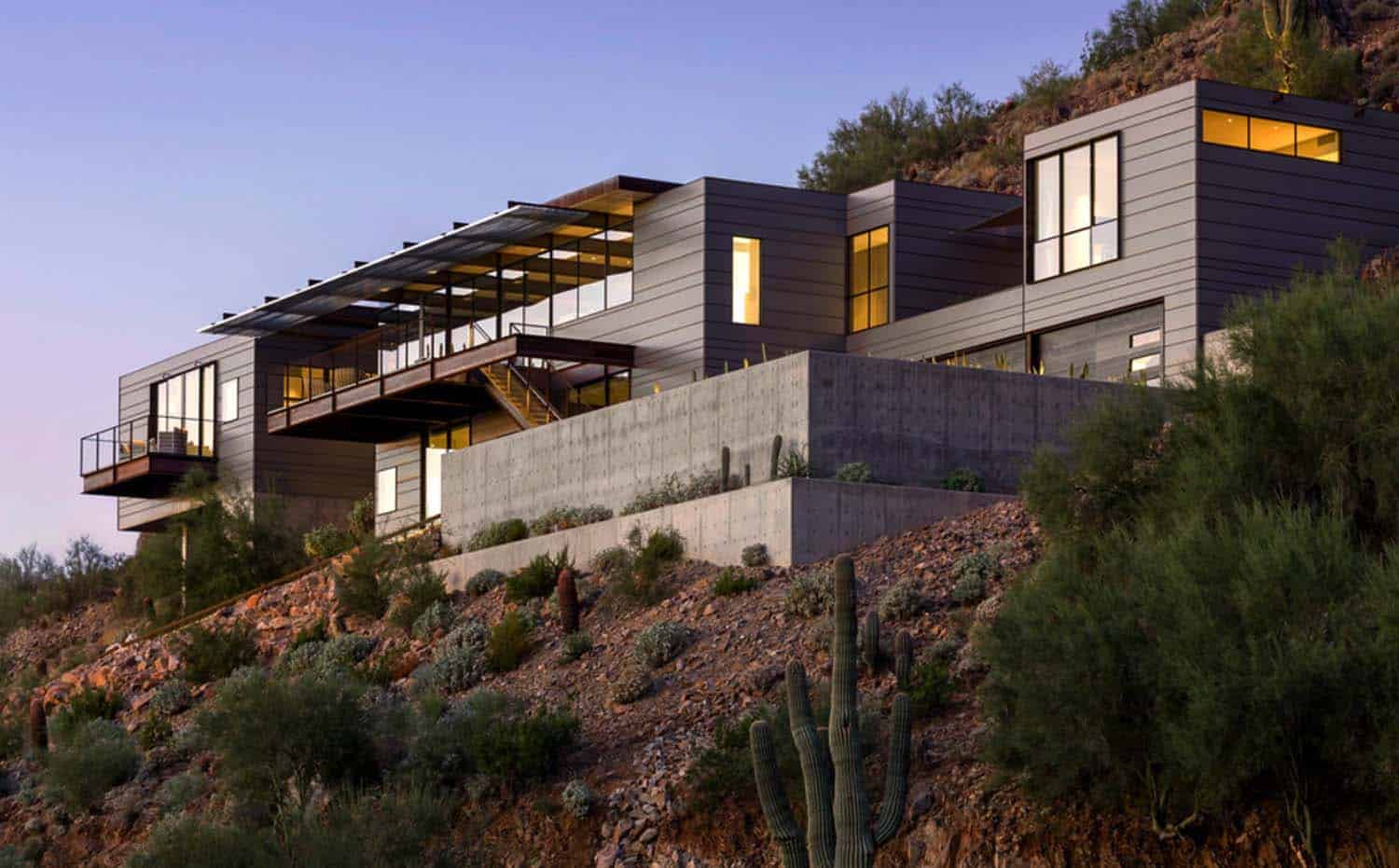 Concrete, glass and steel structure hovers above Arizona desert