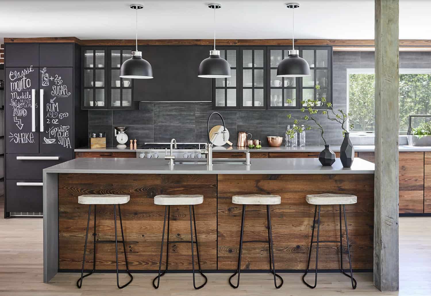 modern farmhouse style kitchen with barn wood and black chalk paint