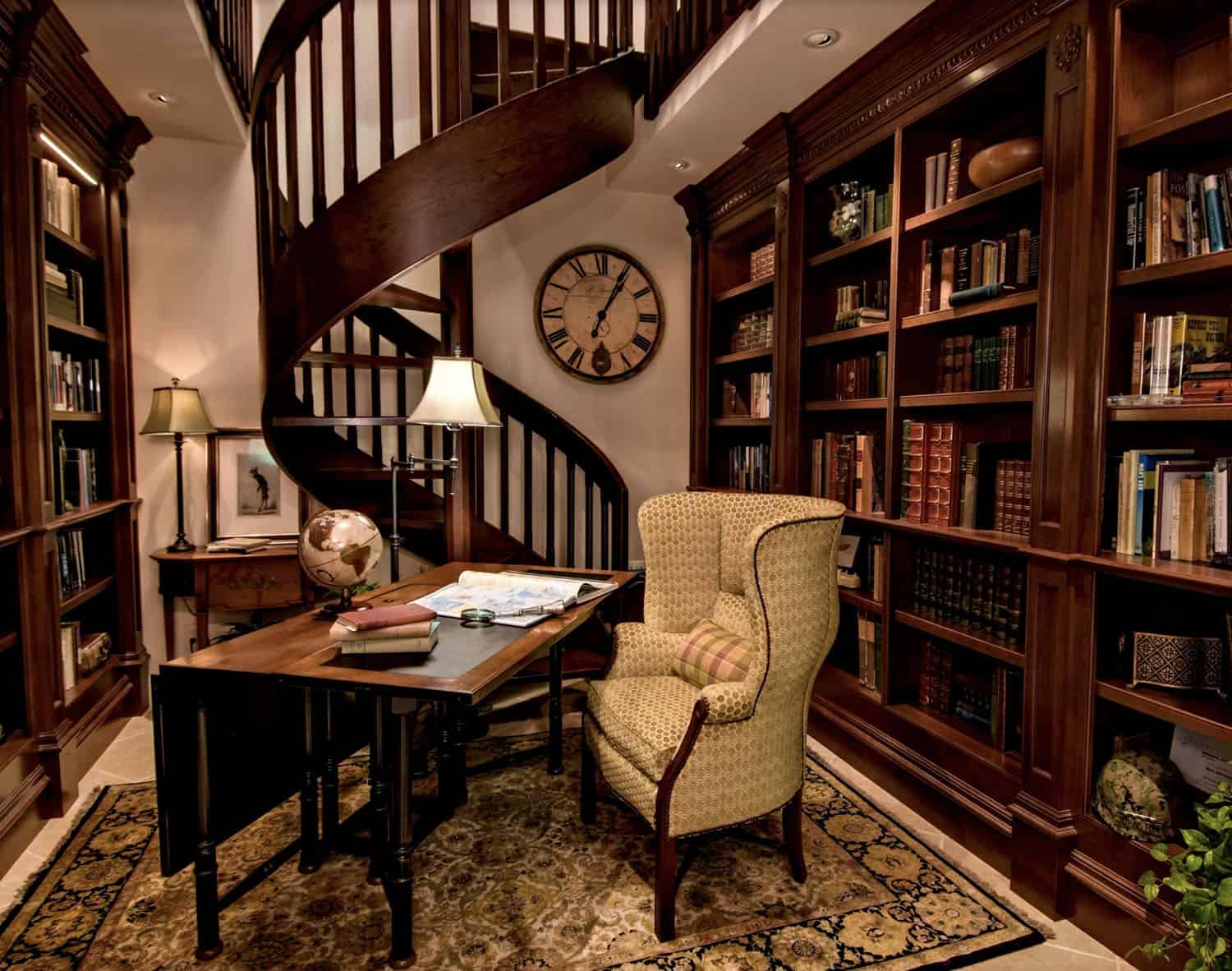 traditional-home-office-with-a-spiral-staircase