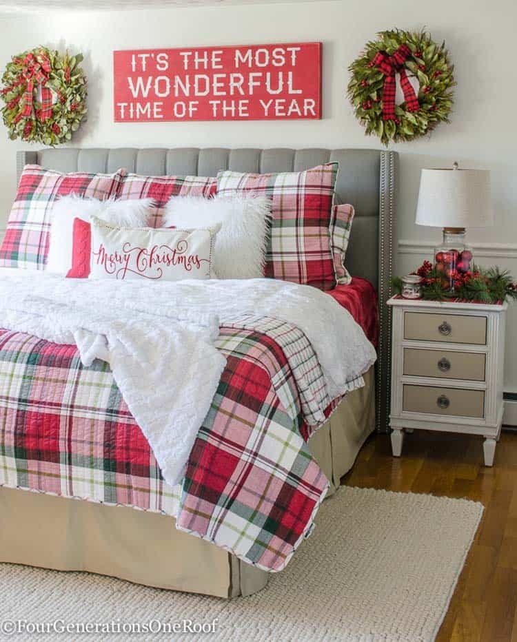 farmhouse-inspired-christmas-decorated-plaid-bedroom