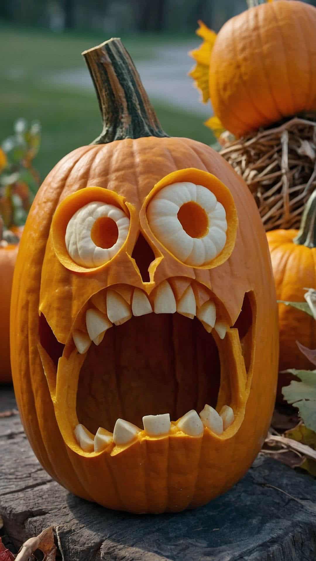 carved pumpkin with spooky eyes and jagged teeth