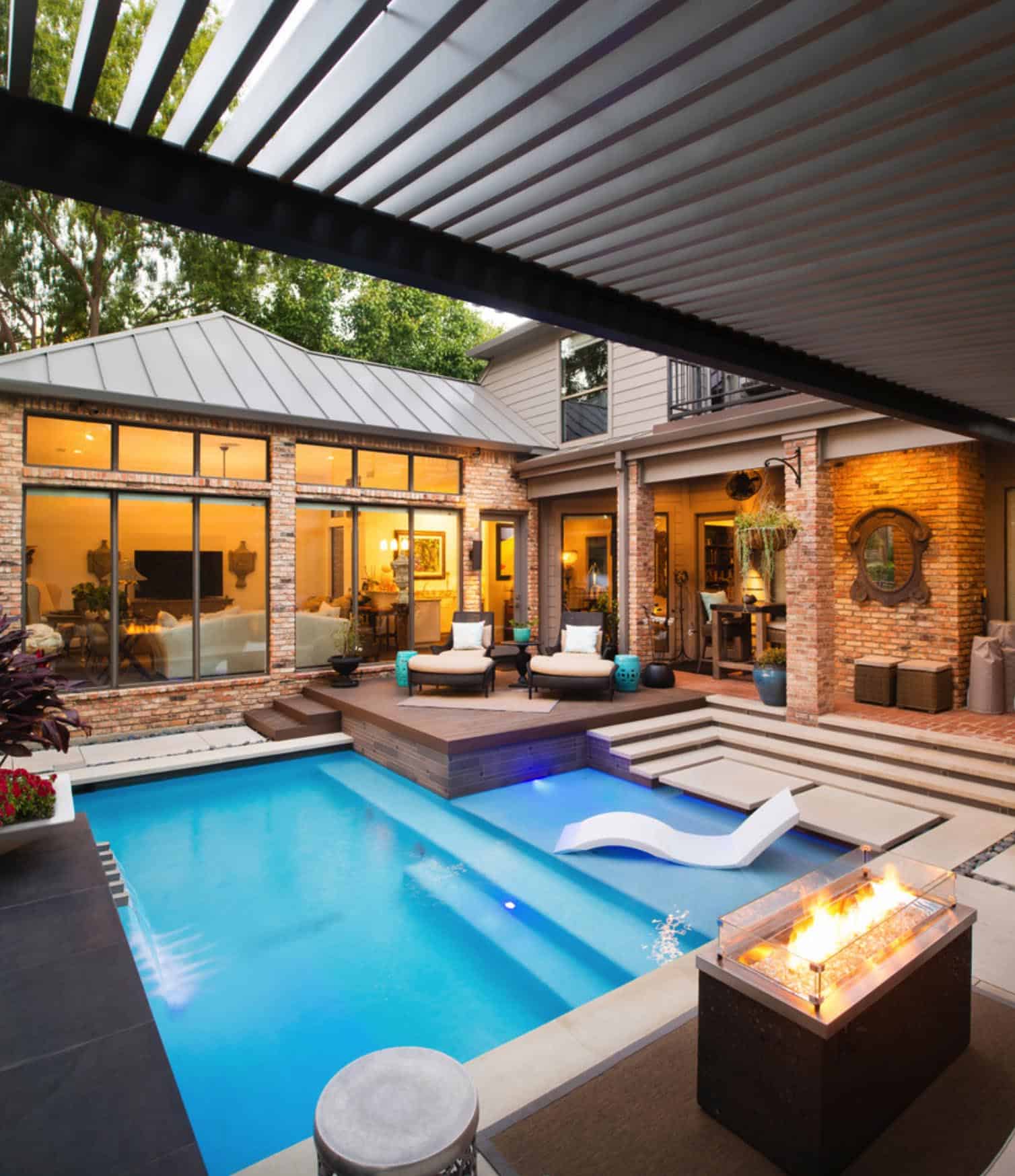 bright blue small pool with sitting area and outside of the pool 