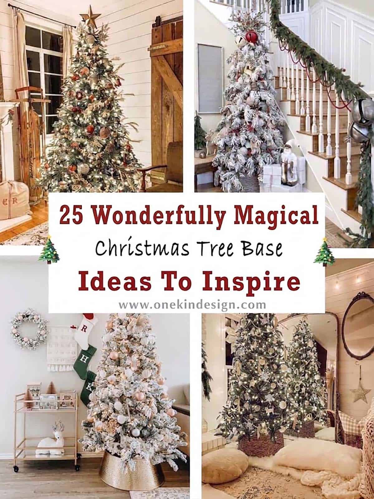 Collage of four Christmas trees with different tree bases, including wicker baskets and a hammered gold tree collar