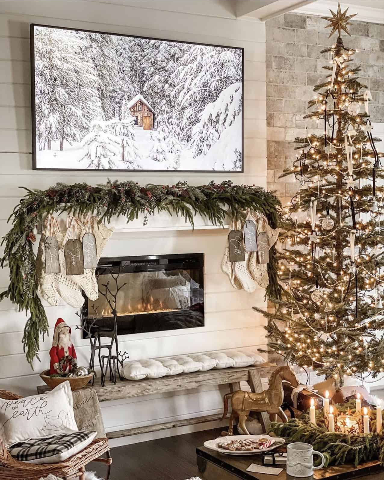 rustic-farmhouse-living-room-christmas-decor-on-the-fireplace-mantel