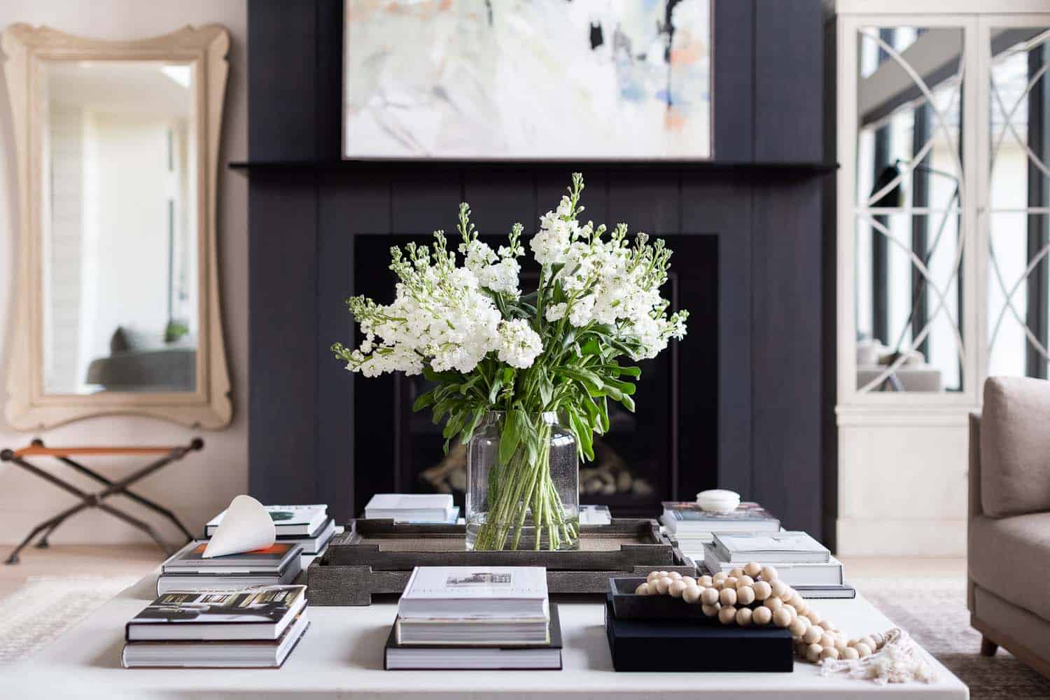 transitional style living room fireplace detail