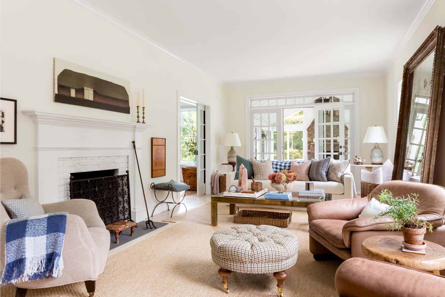 modern farmhouse living room with a fireplace