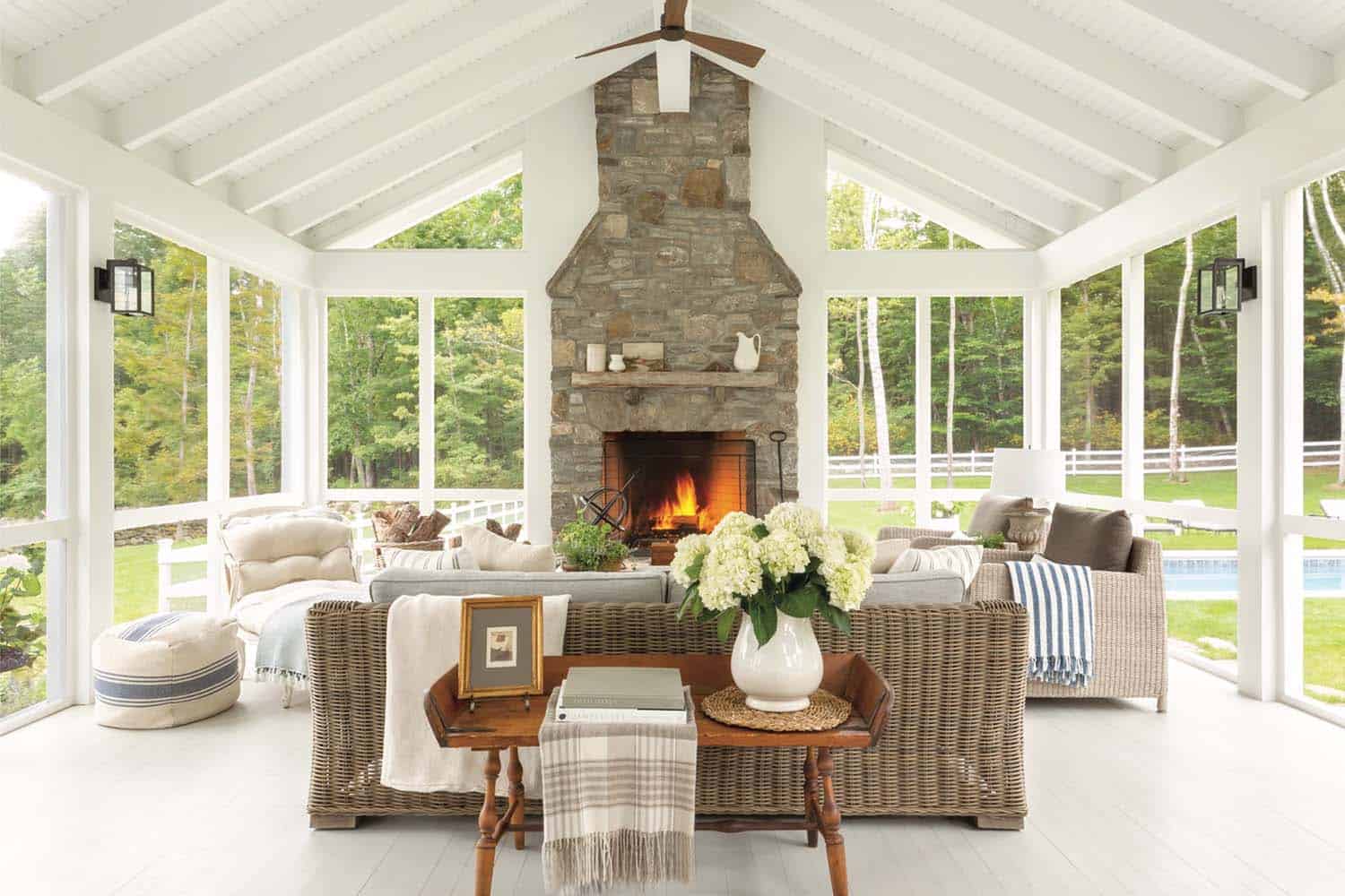modern farmhouse sunroom with a fireplace