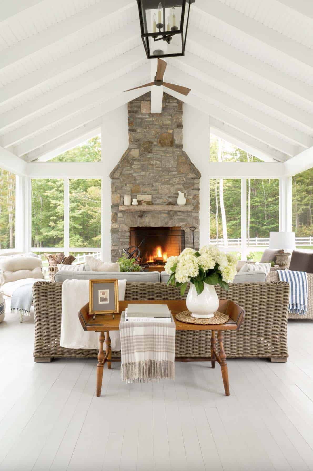 modern farmhouse sunroom with a fireplace