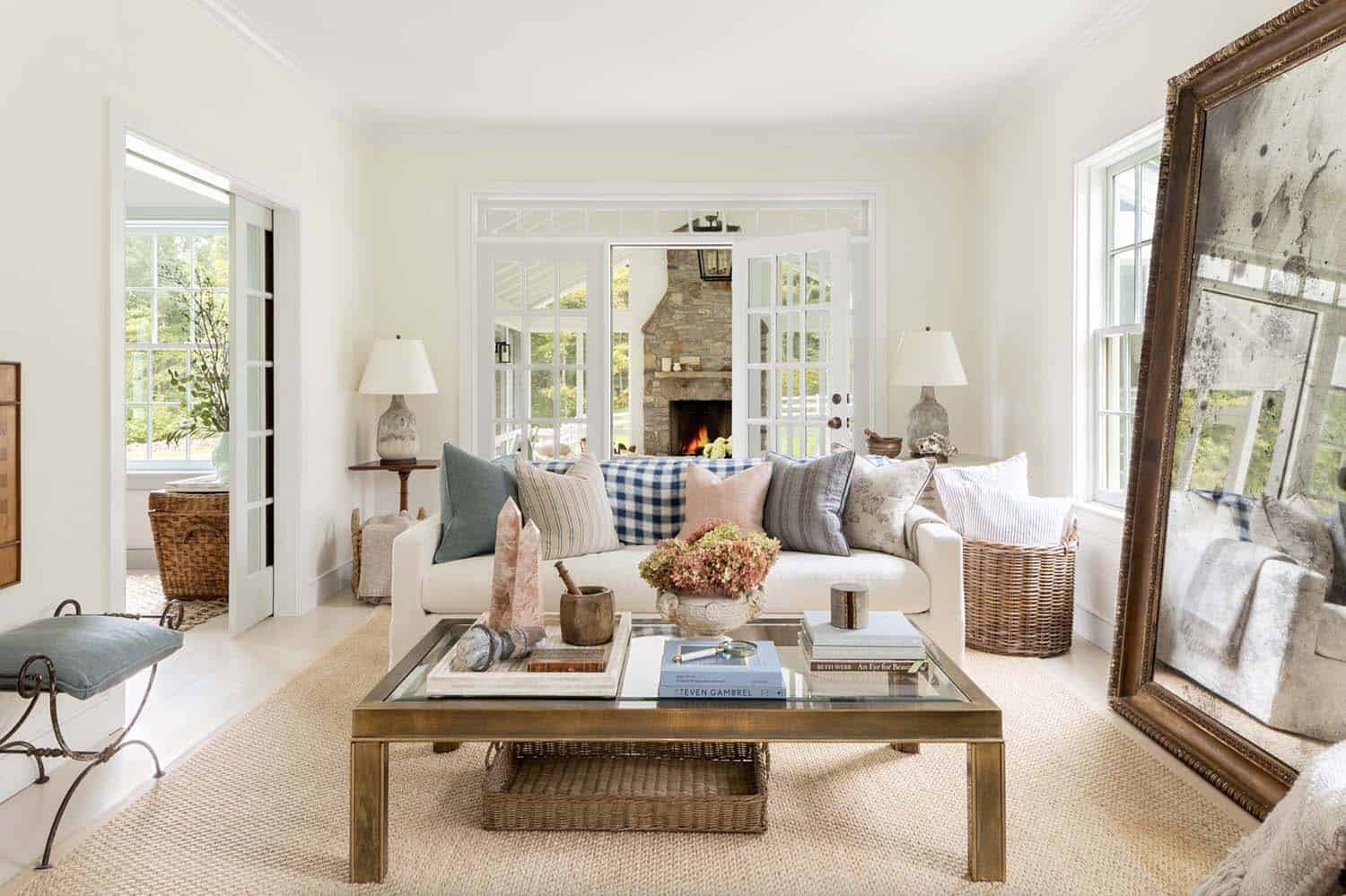 modern farmhouse living room with a large floor mirror
