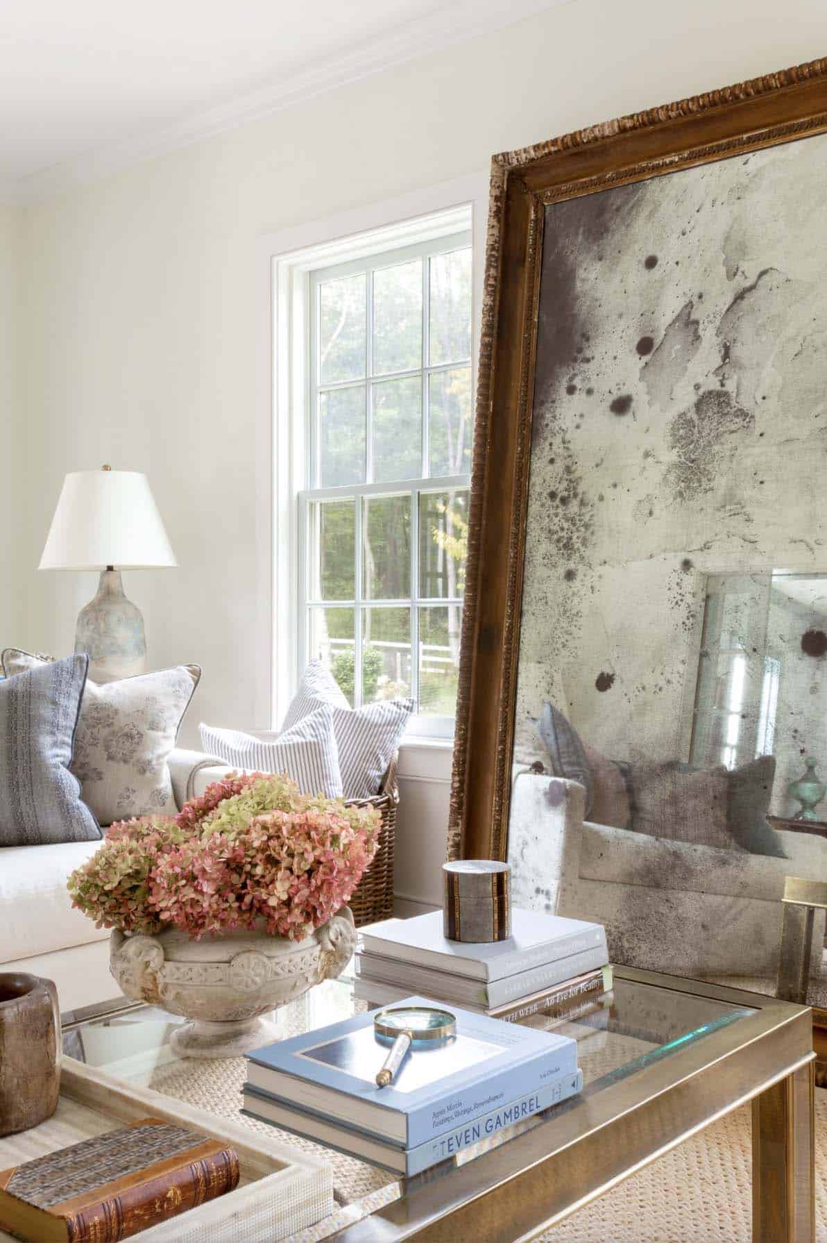 modern farmhouse living room with a large floor mirror