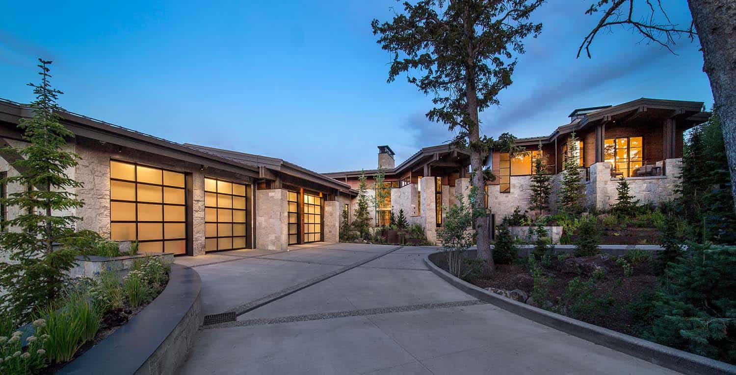 mountain home exterior at dusk