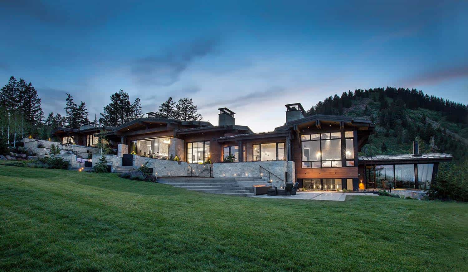 mountain home exterior at dusk