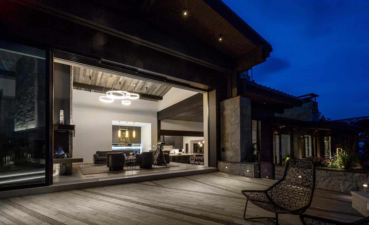 mountain home backyard patio at dusk