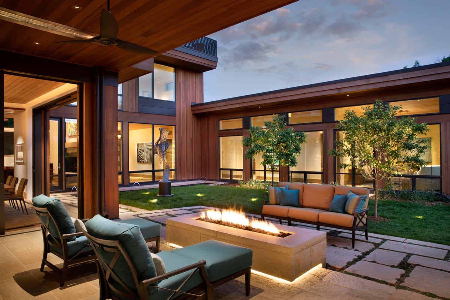 modern urban house central courtyard with a fire pit