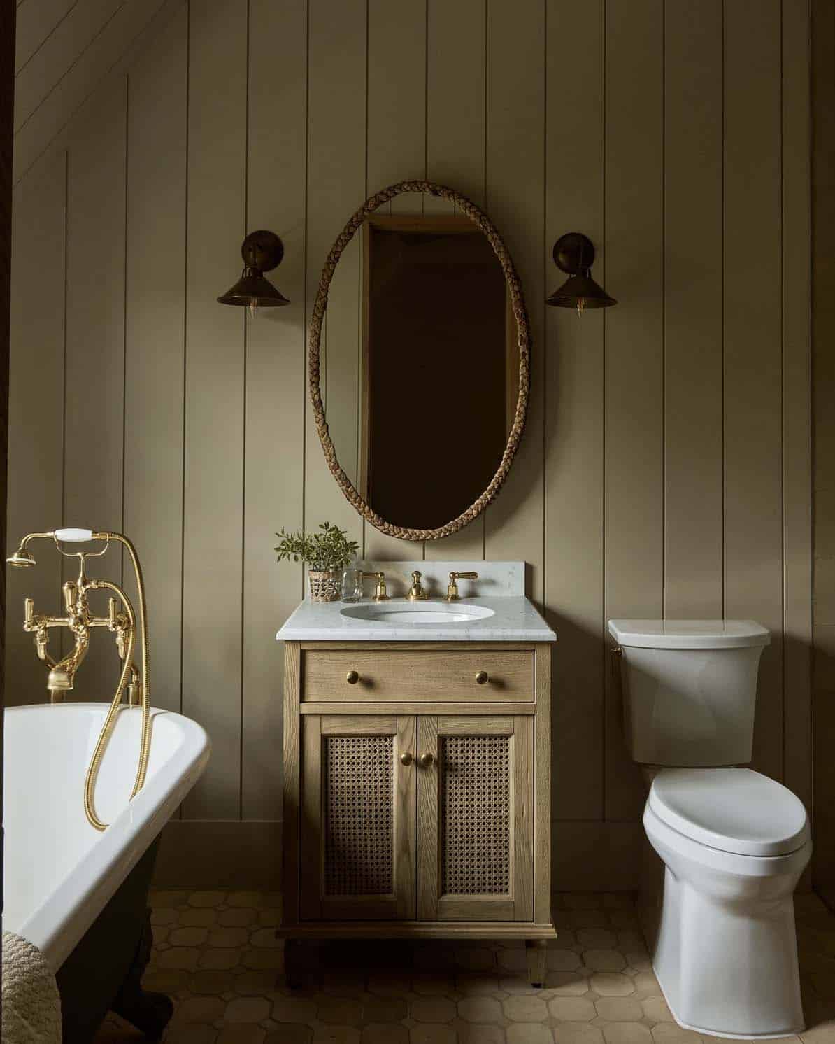 transitional style bathroom with a freestanding tub