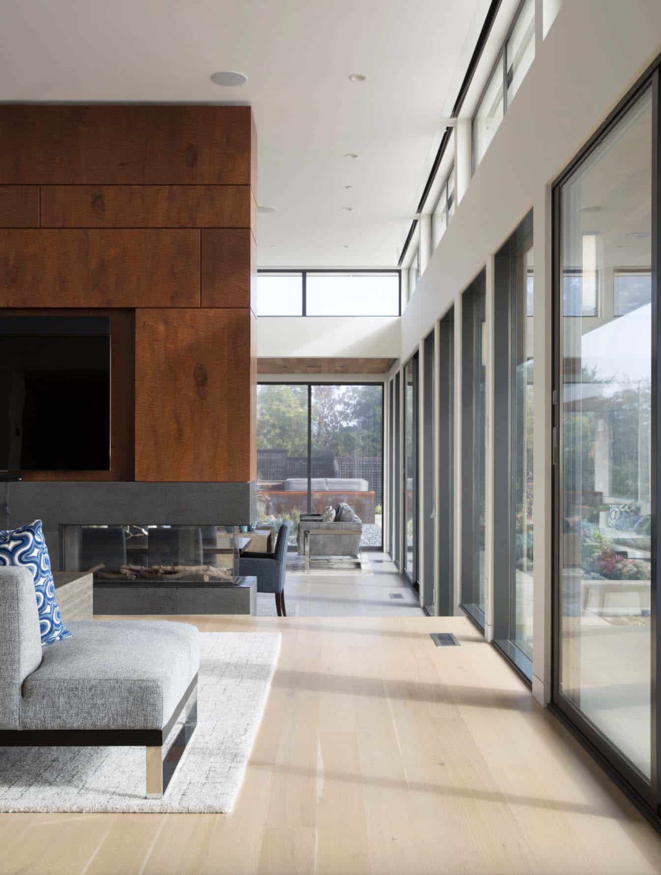 linear great room with an open family, dining, and living room
