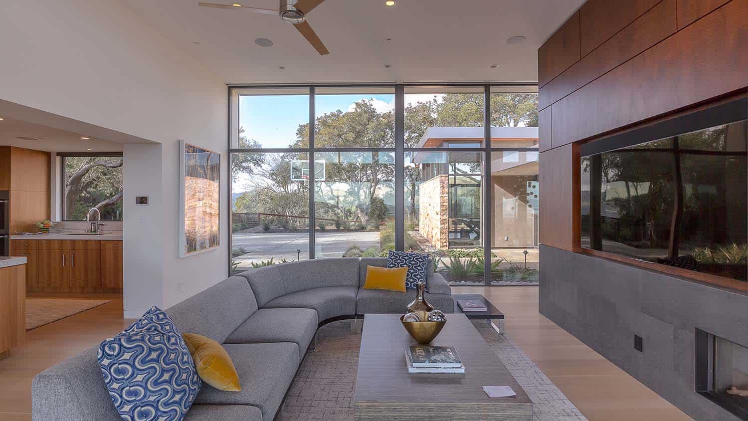 modern family room with a curved sofa