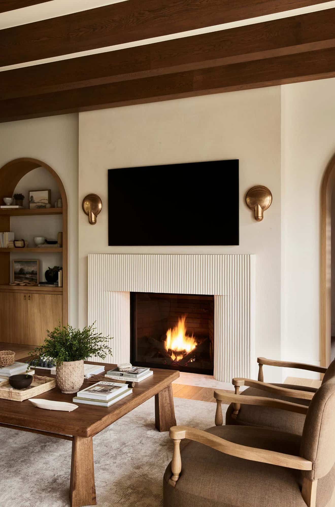 modern Spanish style living room with a fireplace