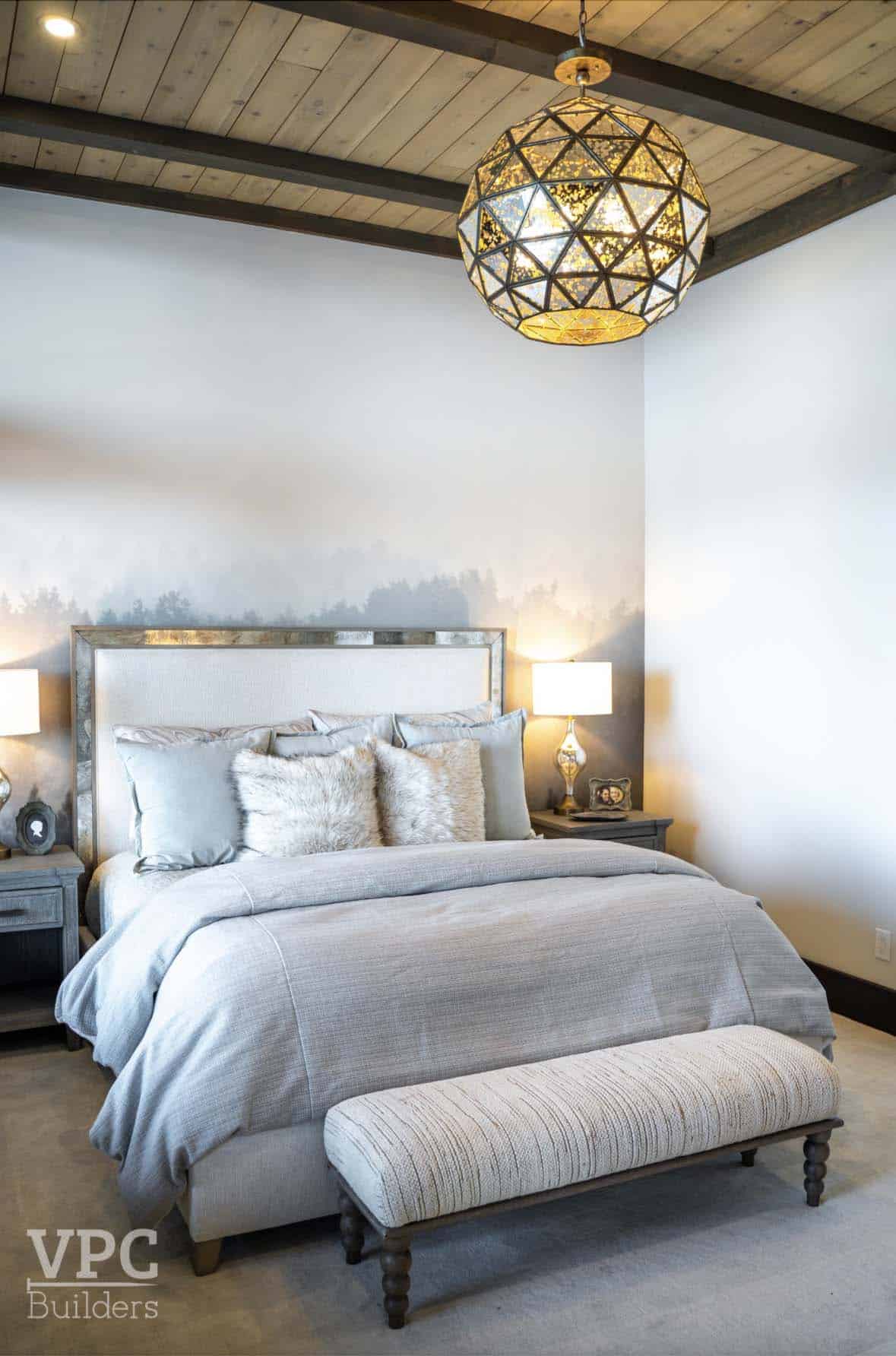 contemporary bedroom with tall ceilings