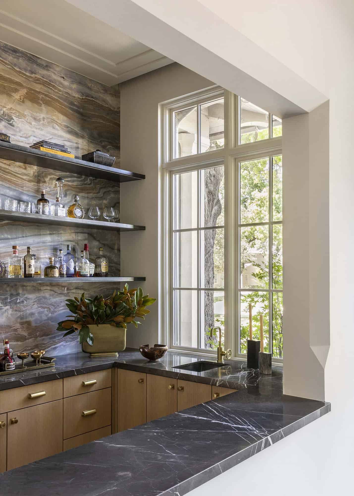 French provincial home bar with a window