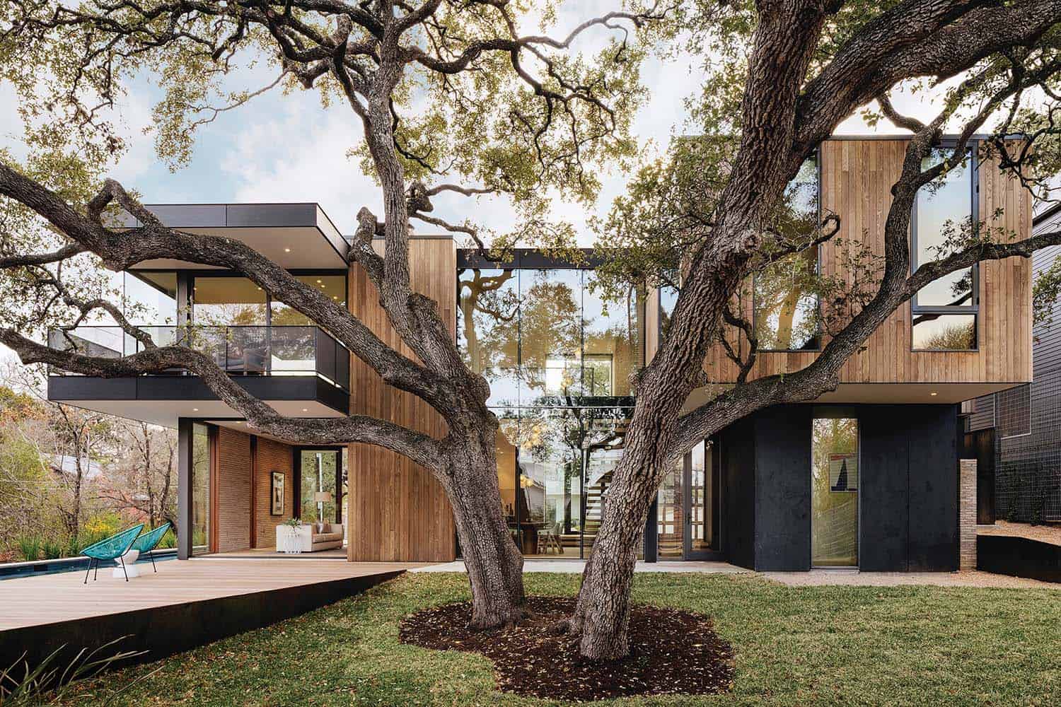 modern home landscape view with a live oak tree