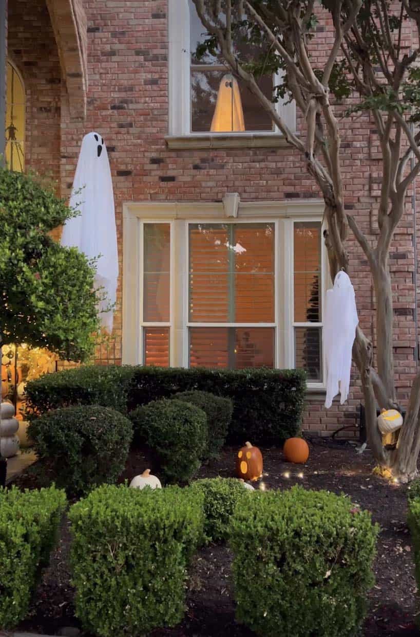 hanging ghosts from the trees on halloween