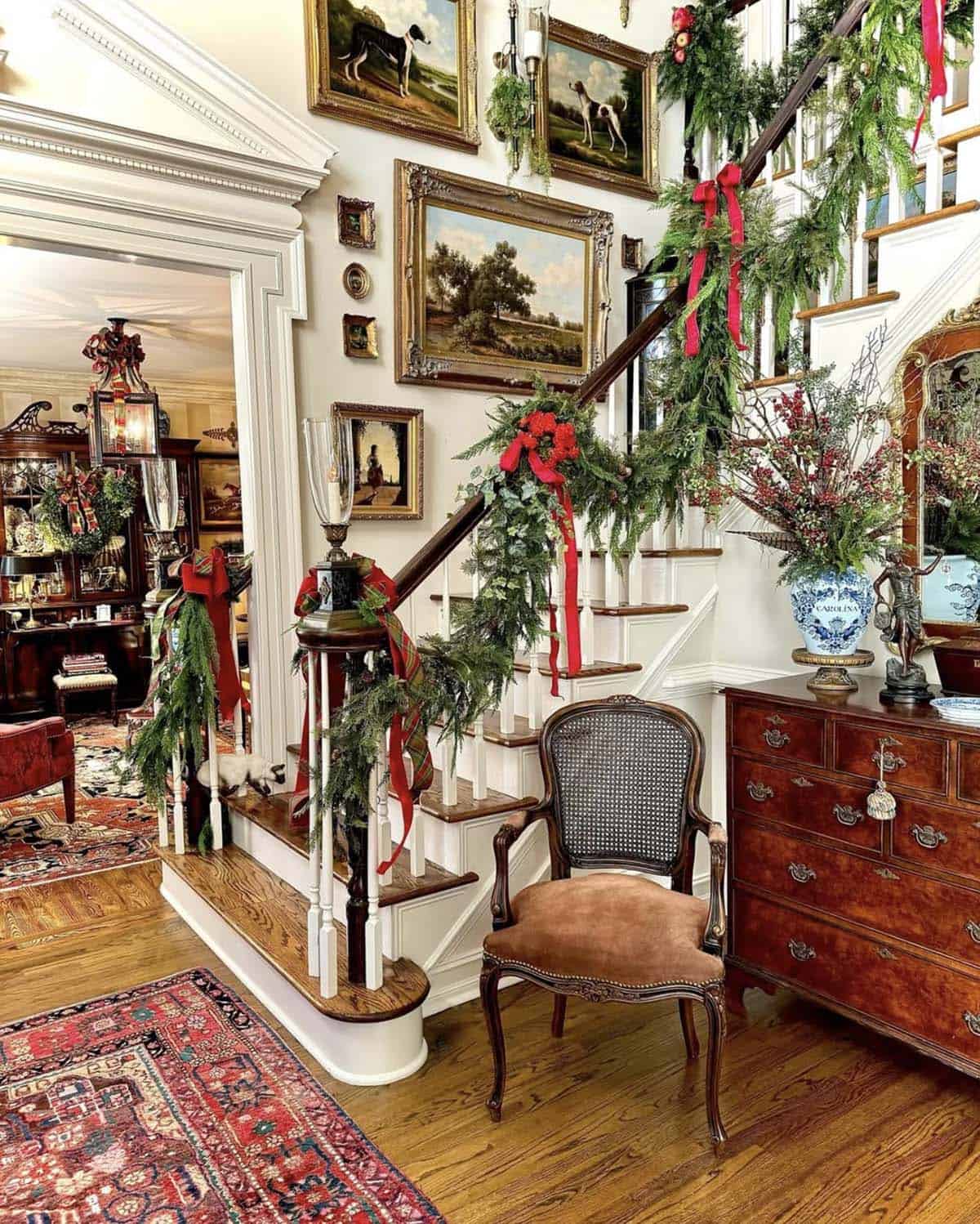 rustic christmas decor on the staircase