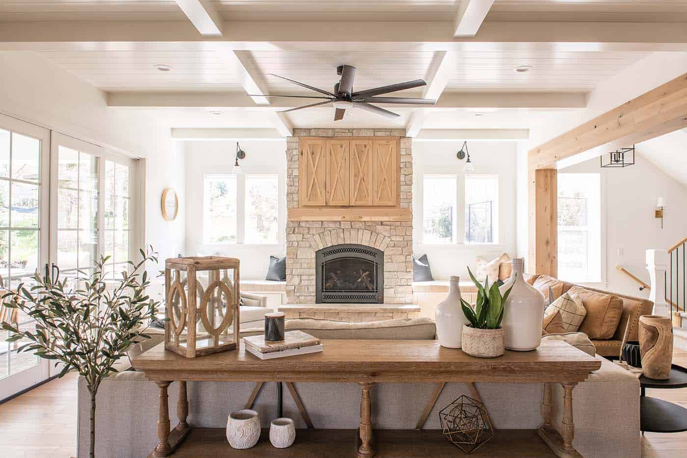 modern farmhouse living room with a fireplace