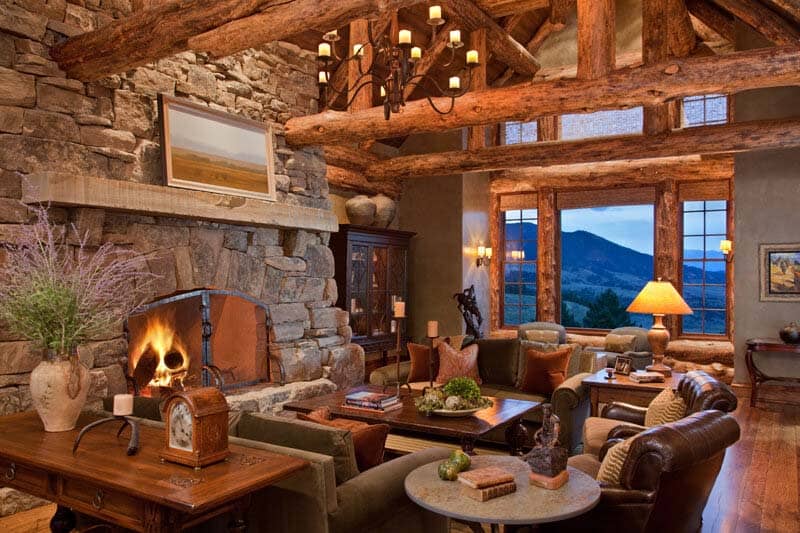 rustic living room with a fireplace