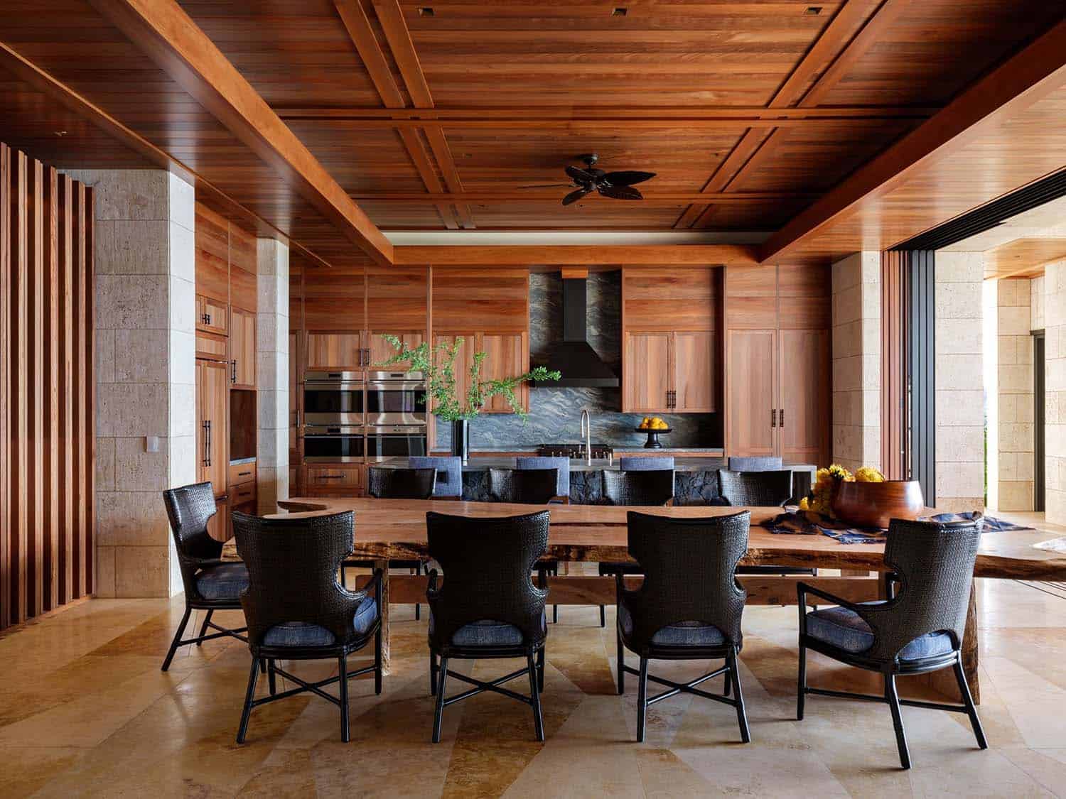 contemporary dining room looking into the kitchen