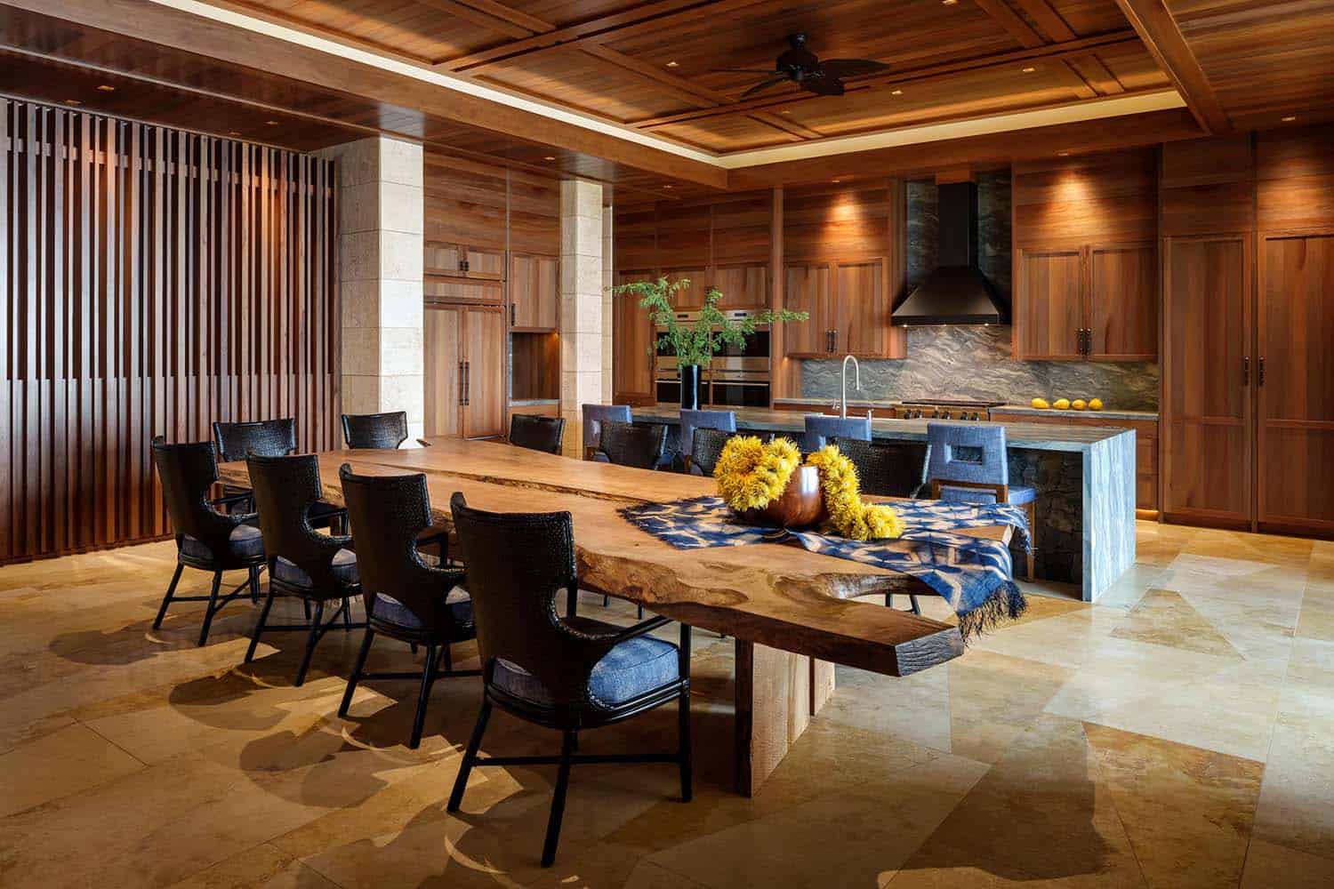contemporary dining room looking into the kitchen
