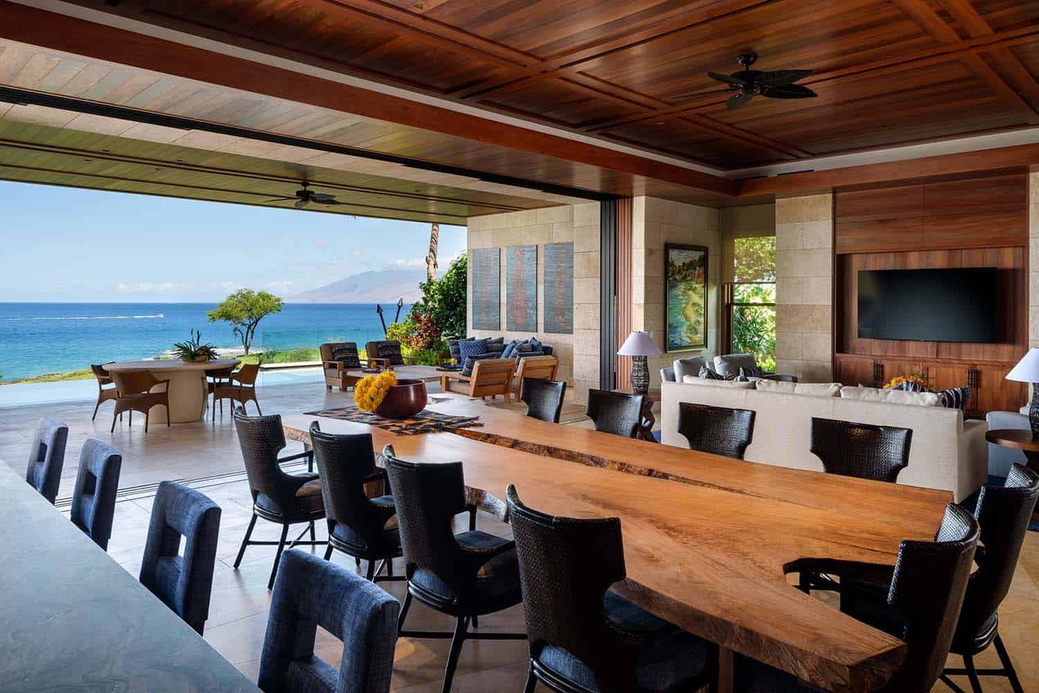 contemporary great room with views of the ocean
