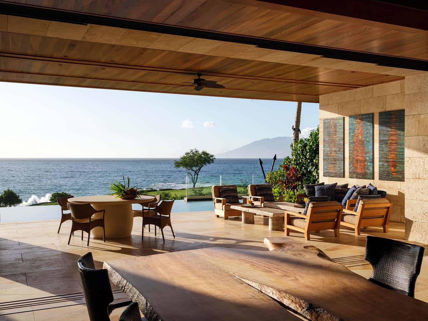 contemporary great room with views of the ocean