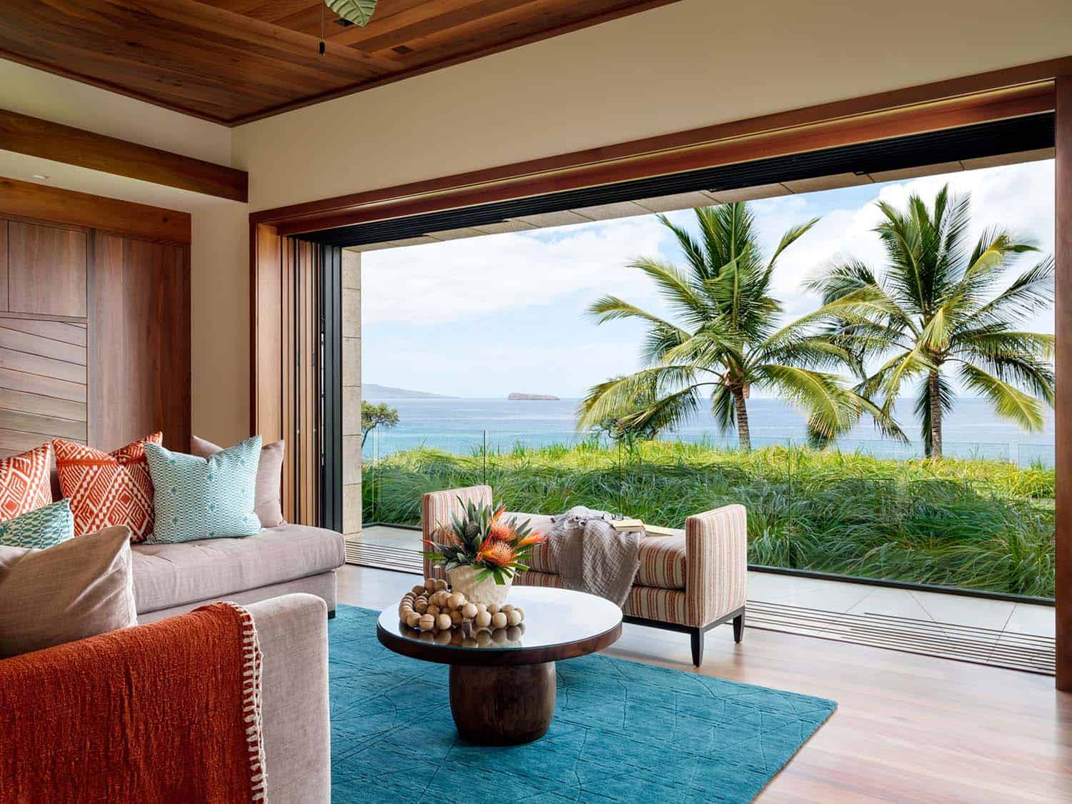 contemporary family room with an ocean view