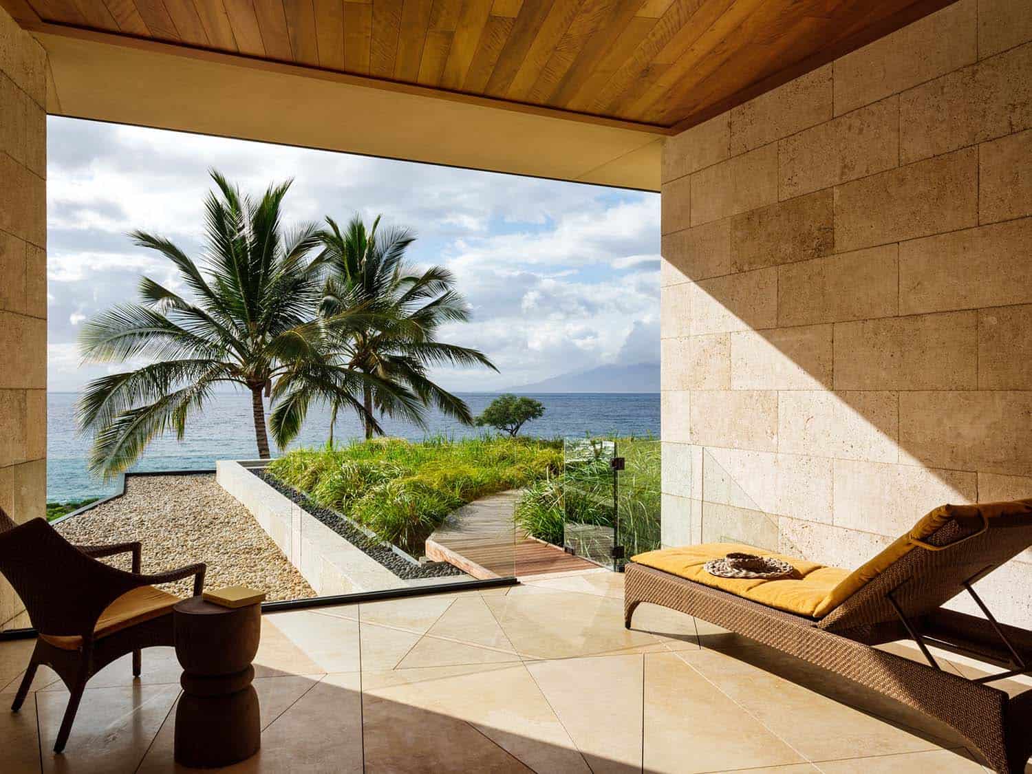 contemporary family room with an ocean view