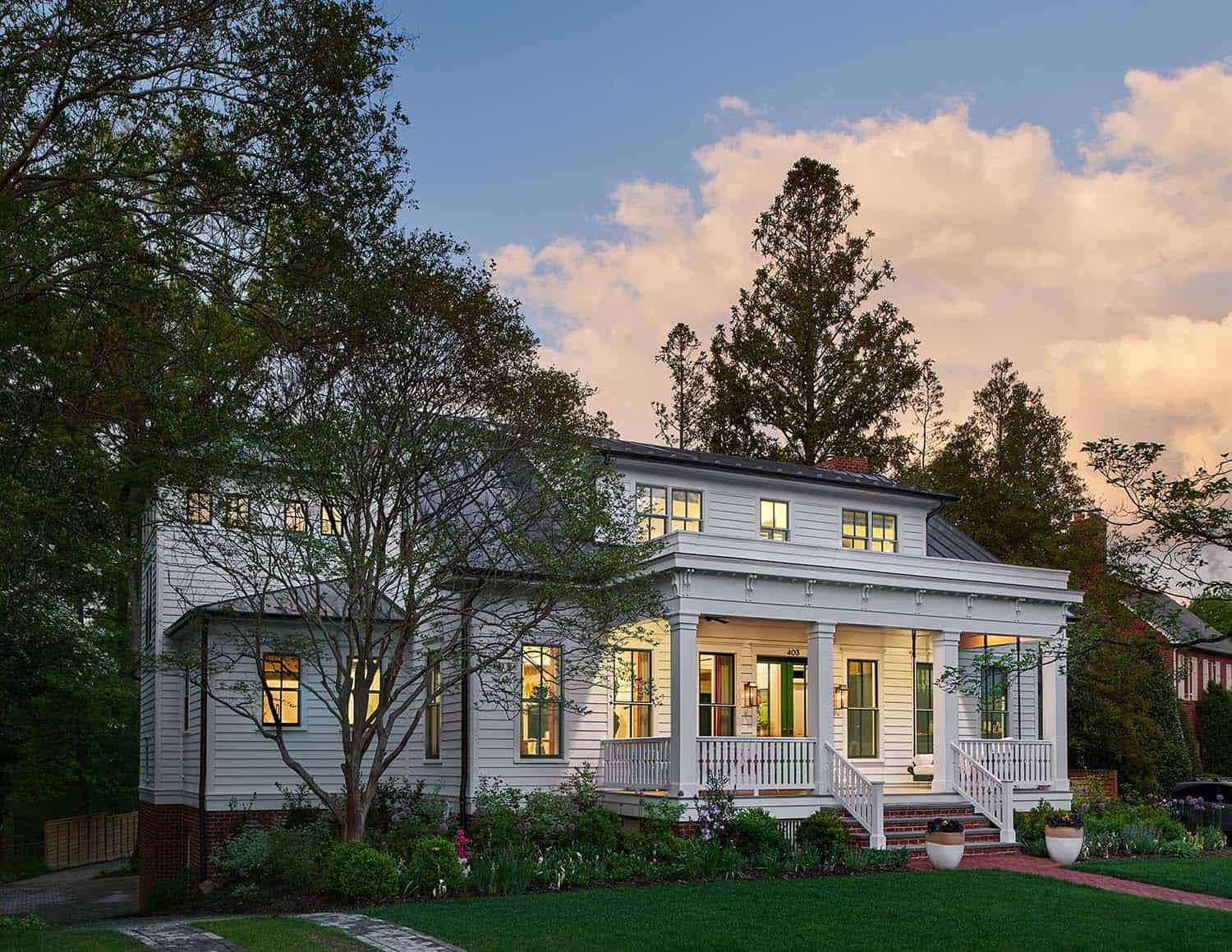 Italianate bungalow exterior at dusk