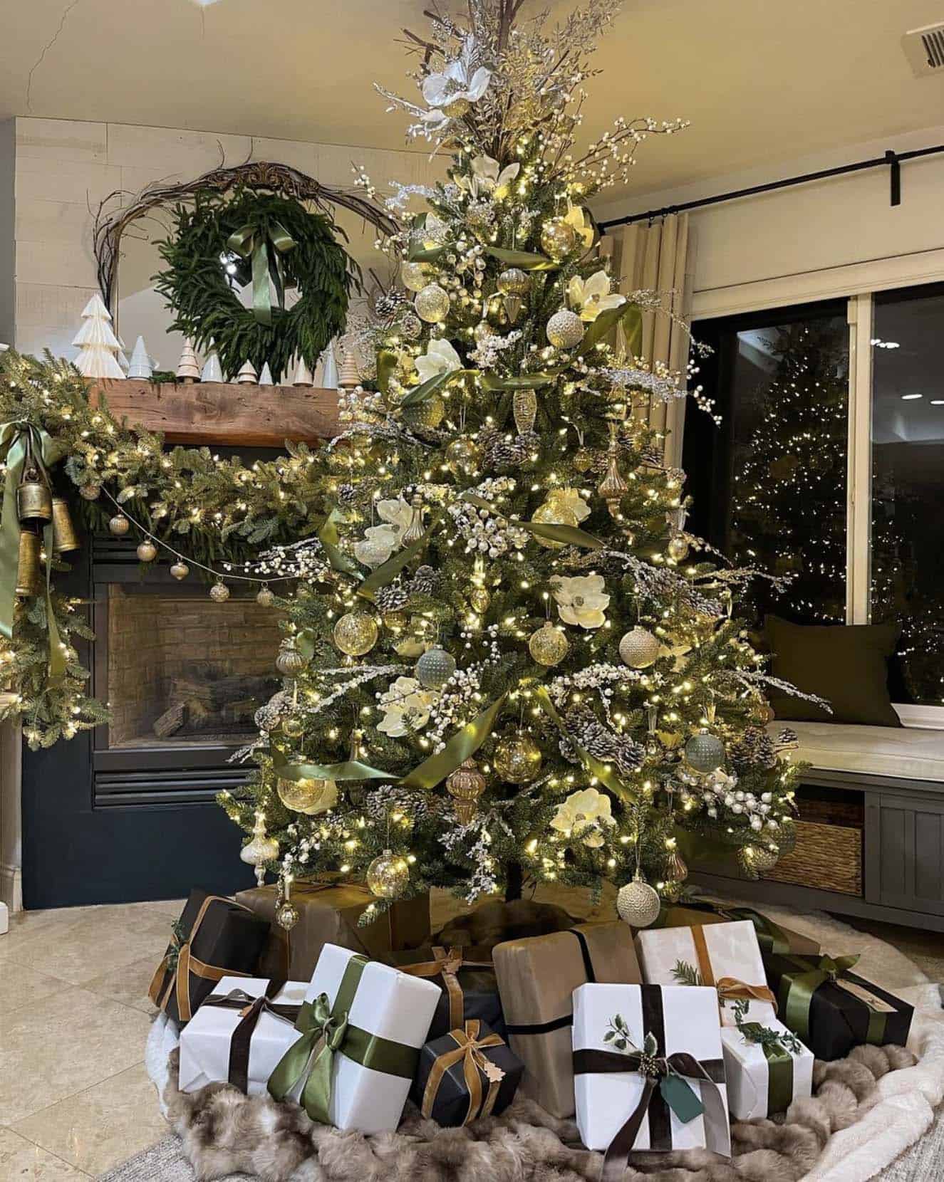 christmas tree with a snowy, silvery theme with frosted crystal and glittery berries, acorns and branches