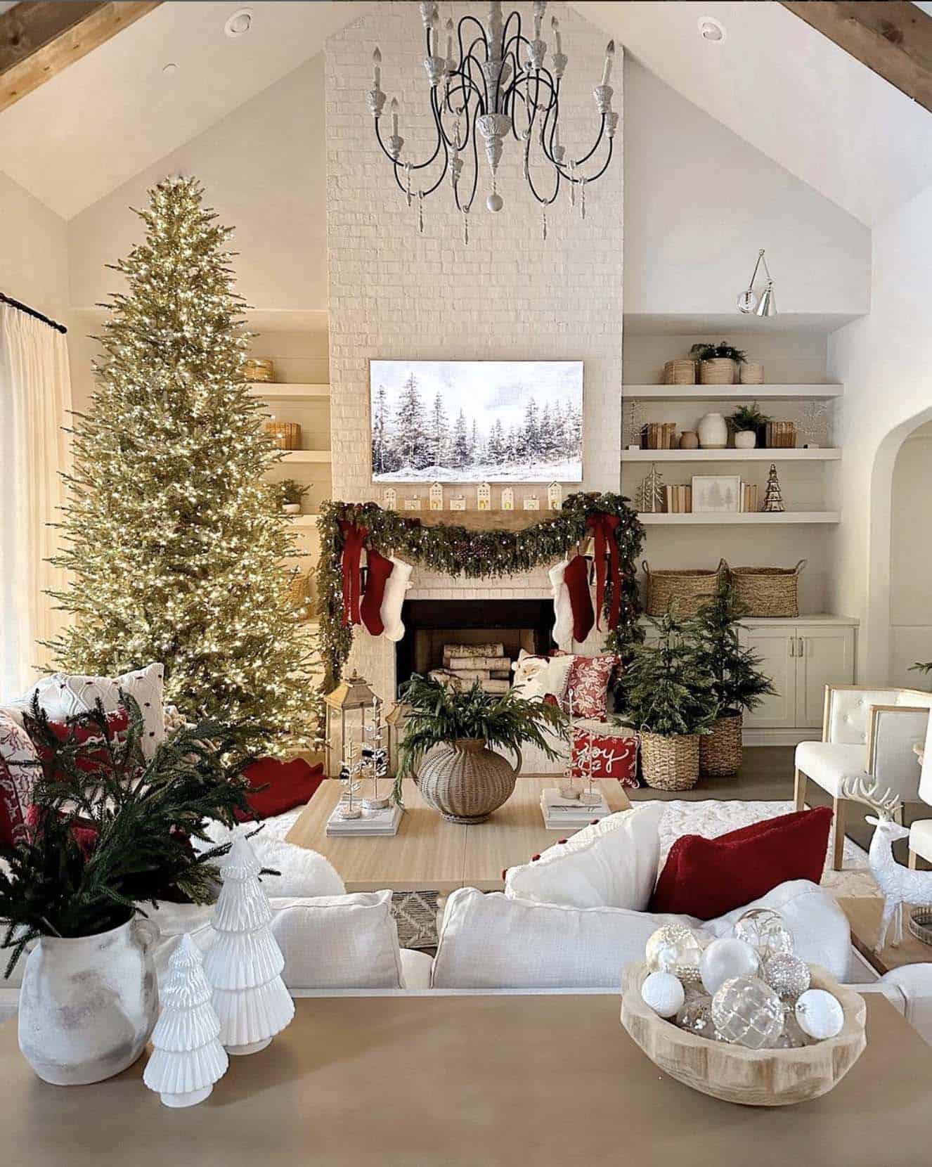 living room with a christmas tree and decorations