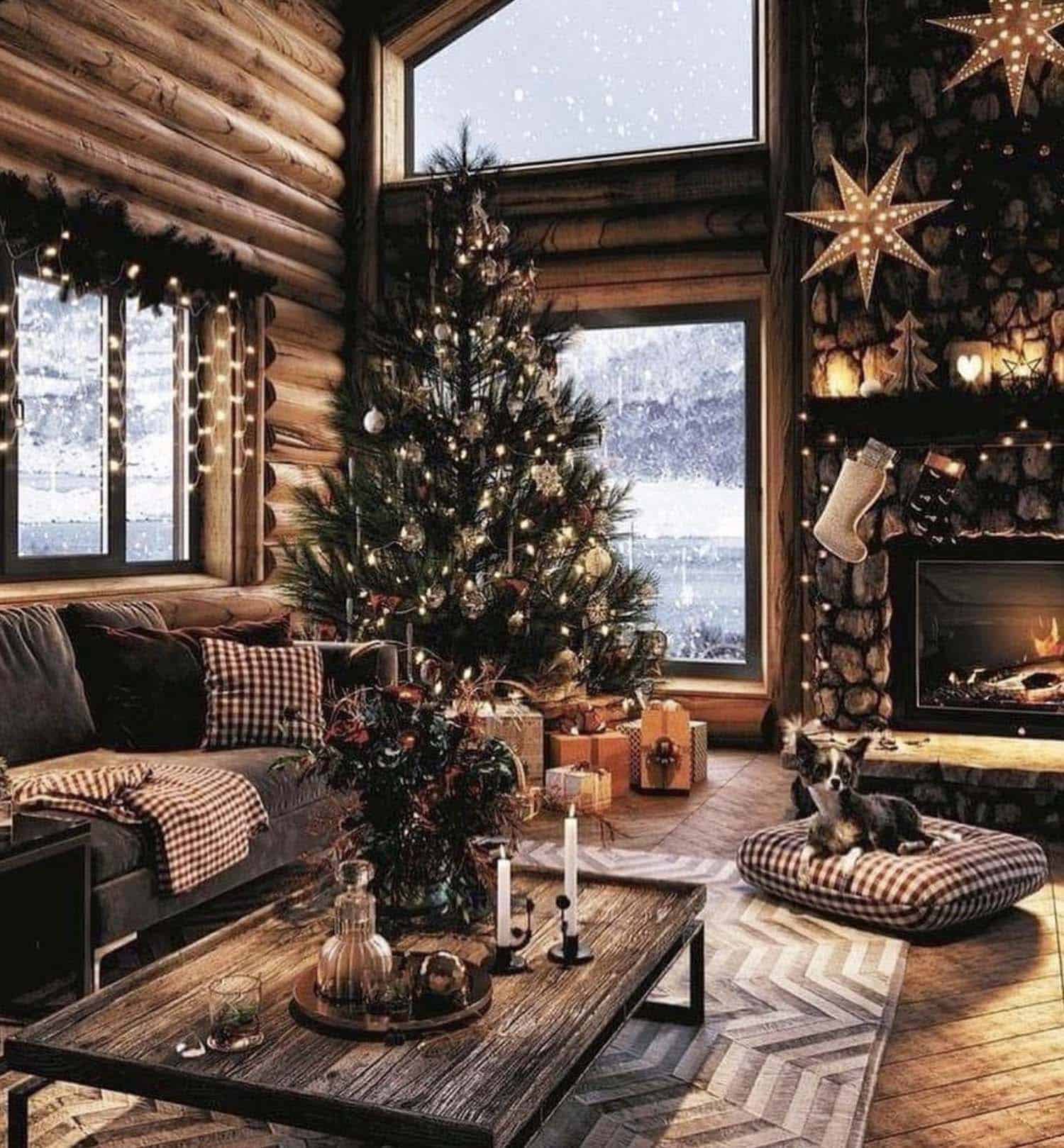 cozy christmas cabin living room with a tree
