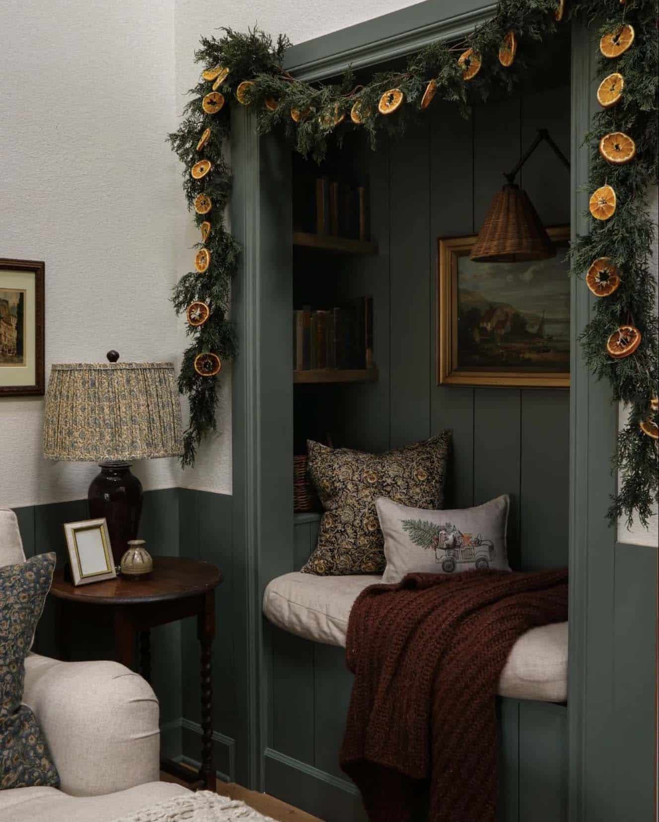 reading nook is dressed for Christmas