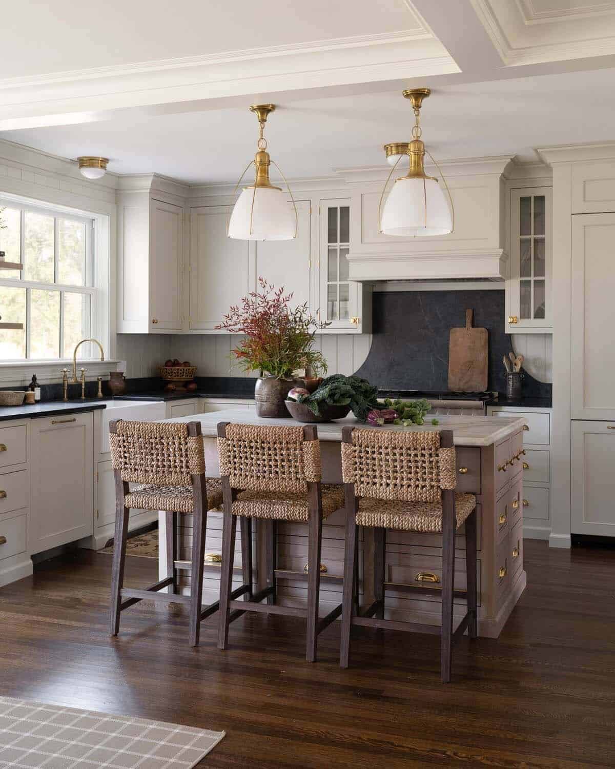 contemporary kitchen with large pendants over the island