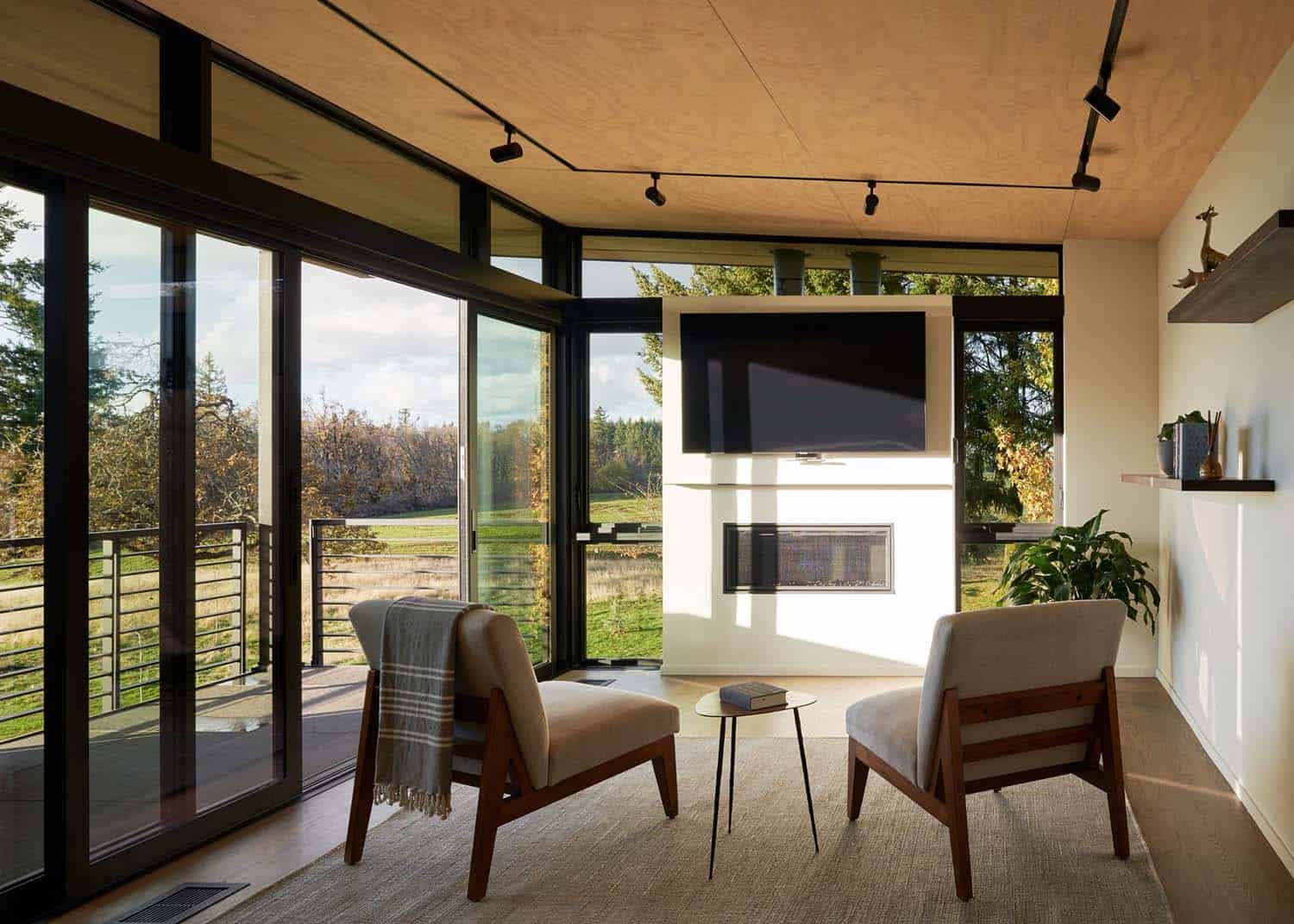 modern family room with a fireplace