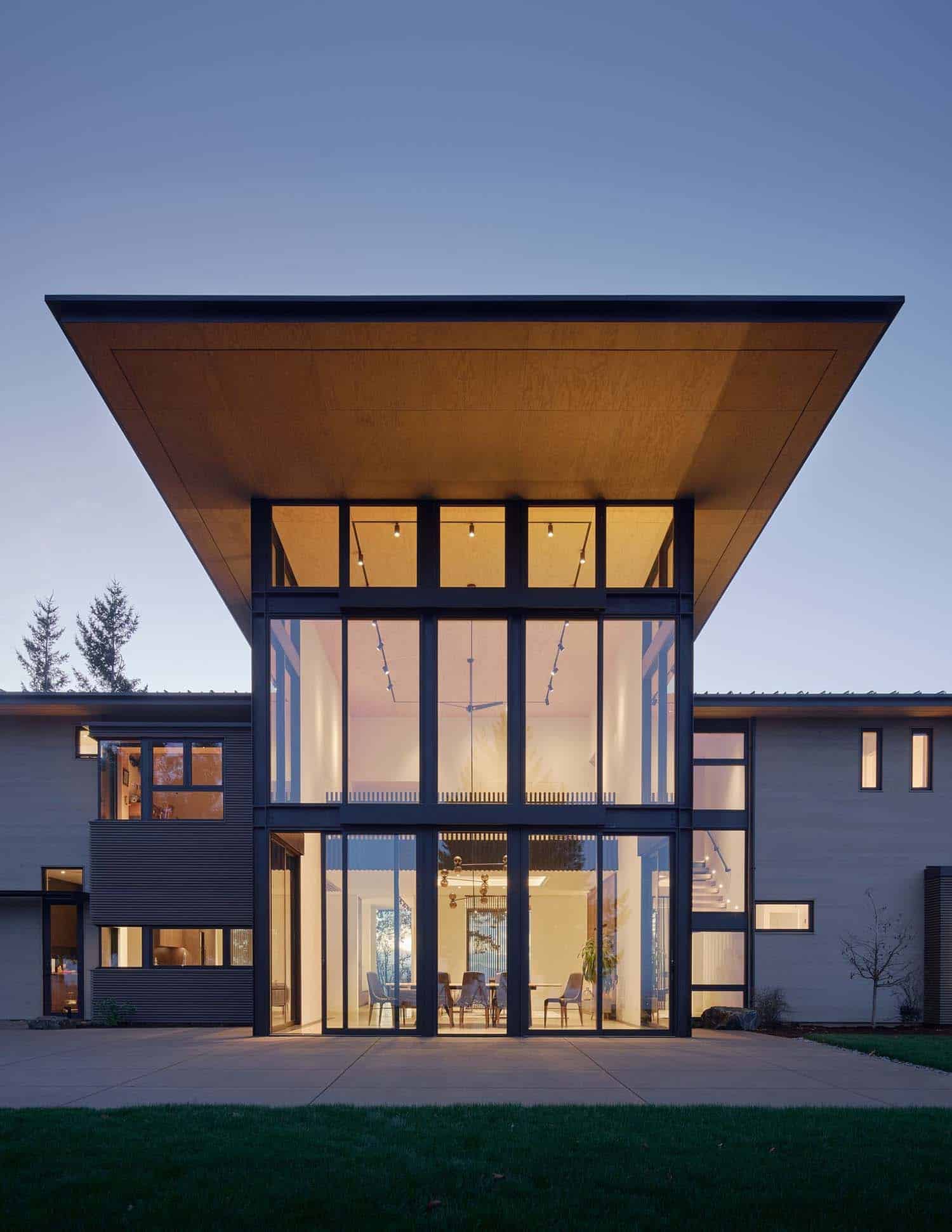 modern house exterior at dusk