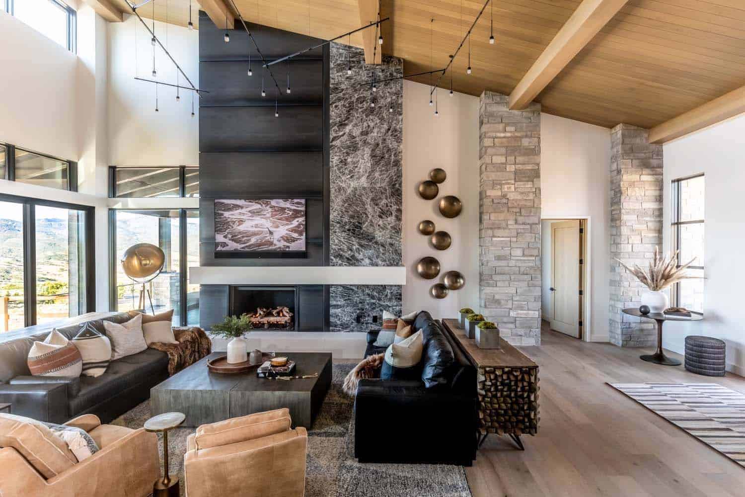 modern mountain living room with a fireplace