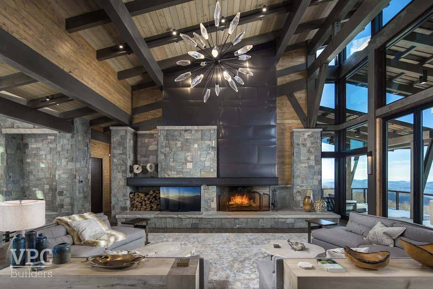 mountain modern living room with a fireplace