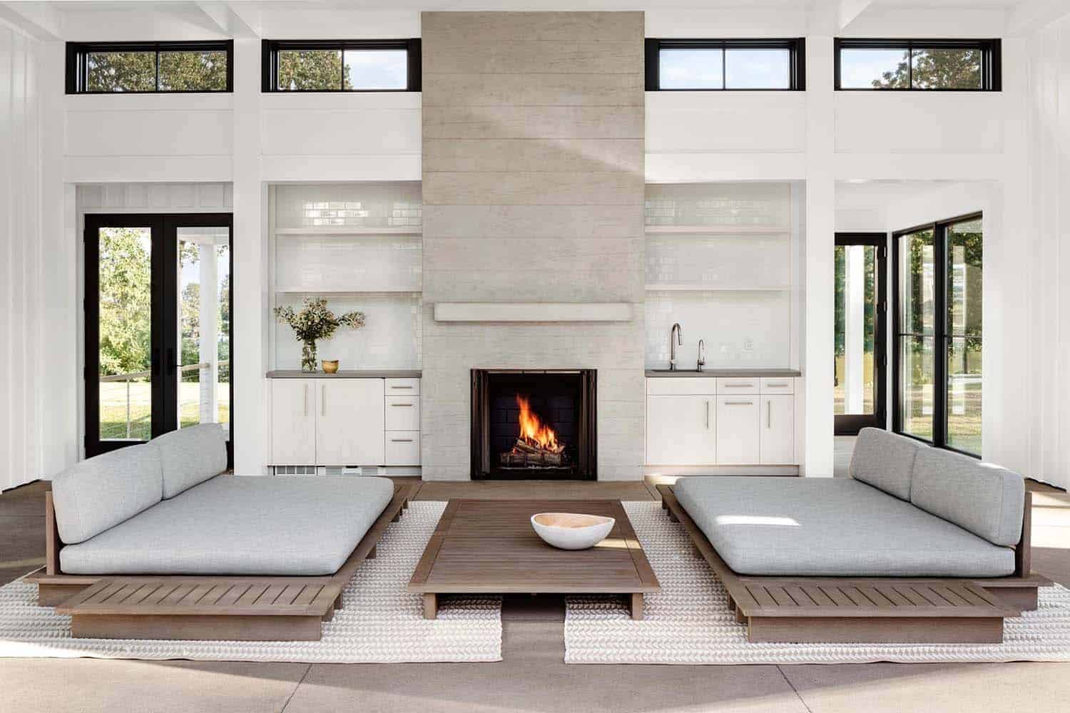 modern farmhouse style living room with a fireplace