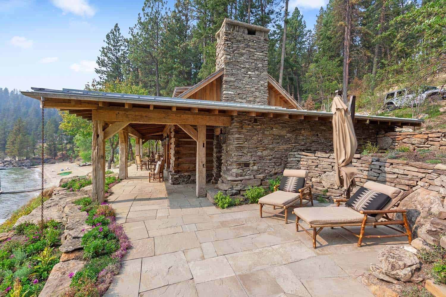 rustic cabin exterior overlooking a lake