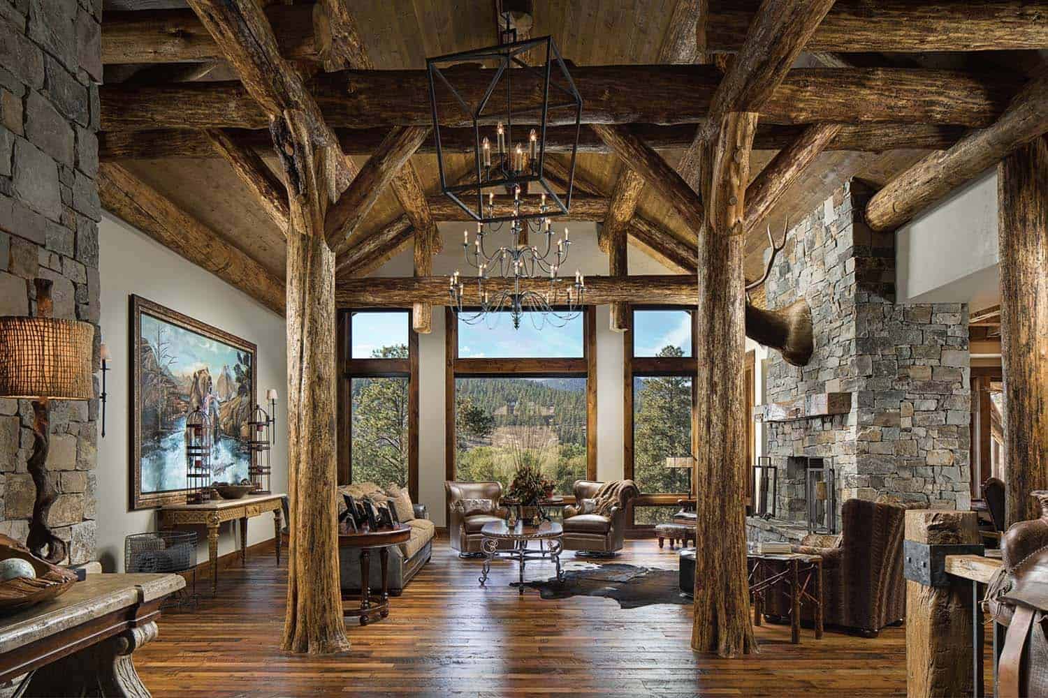 rustic living room with wood beam ceilings and a large window view