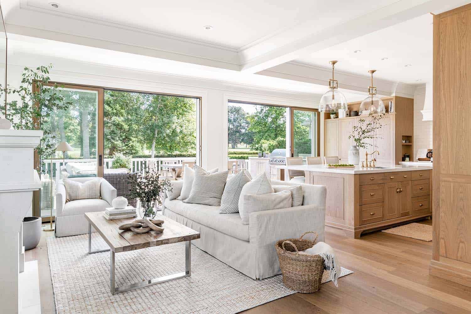 coastal style living room looking into the kitchen